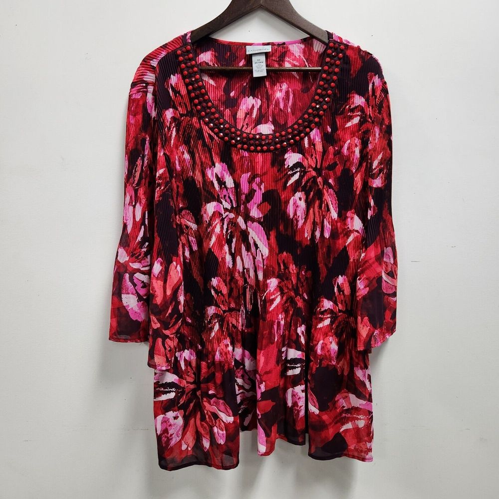 Catherines Women Plus 3/4 Bell Sleeve Accordian Pleated Top 3X Pink Floral Beads
